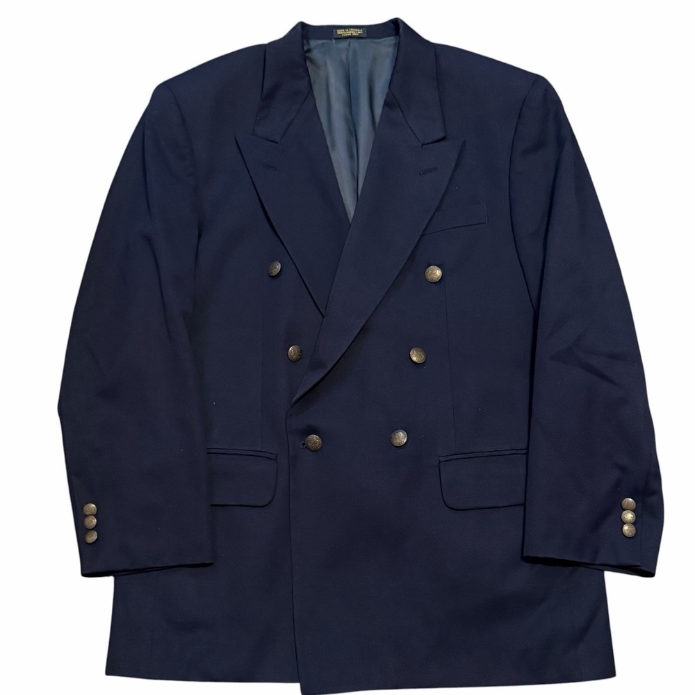 VTG Oscar de la Renta 6x2 Double Breasted Navy Wool Blazer Mens 42R Gold Buttons